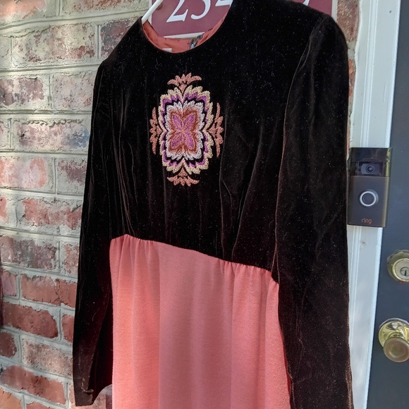 Designer Vntg 70s Cottagecore Maxi Dress 11 Peach Brown Velvet Flower Retro Boho - Picture 5 of 16